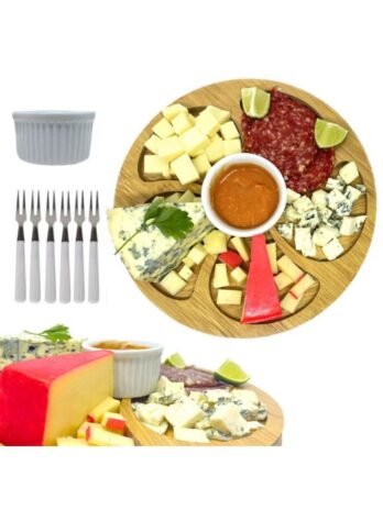 Kit Petisqueira Redonda Para Frios Queijo Com Molheira Ramekin e Garfinhos para Petiscos