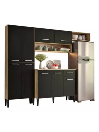 Cozinha Compacta Arizona Glam Com Armário E Balcão Carraro Cor Carvalho/Preto